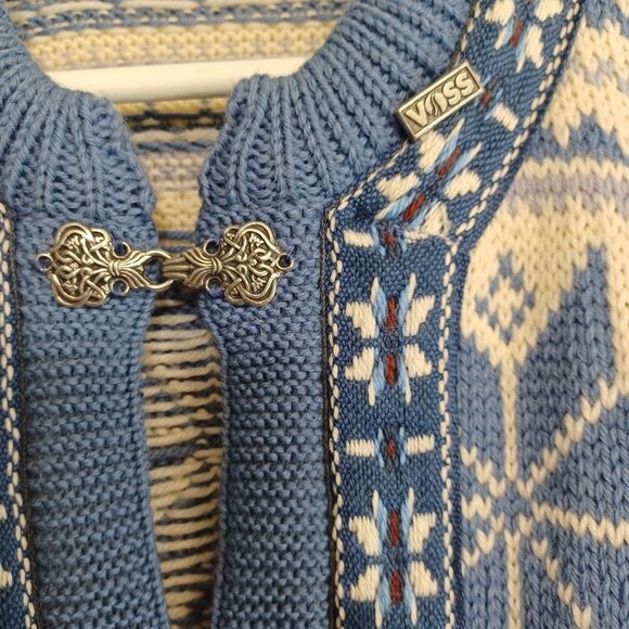 Voss Norwegian Wool Cardigan Sweater Blue White Size Small - Picture 4 of 10